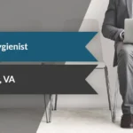 Banner with two ribbons reading 'Dental Hygienist' (blue) and 'Arlington, VA' (dark gray); person in a suit with a laptop sits on the right.