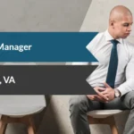 Banner announcing a Practice Manager position in Arlington, VA, with two professionals discussing on the right and notification-style icons.