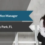 Young woman in a white blouse sits with documents, beside two ribbon banners reading 'Dental Office Manager' and 'University Park, FL' with icons nearby.