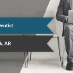 Blue 'General Dentist' ribbon with a dental icon and a dark 'Little Rock, AR' ribbon with a location icon on a grayscale office background, indicating service and location.